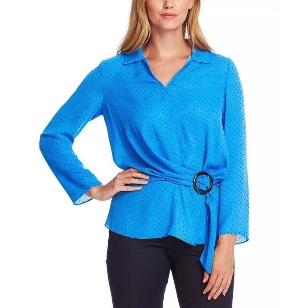 Vince Camuto Ditsy Fragments Polka Dotted Belted Top size XS in Blue/Black- NEW
